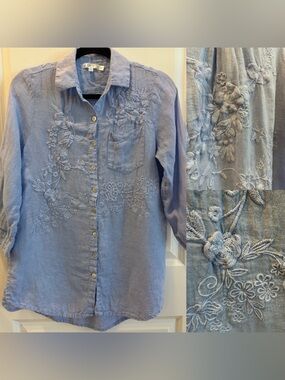 Kyla Seo Women’s 100% Linen Embroidered Button Down Blouse Blue size XS